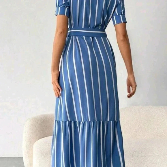 Striped Print Ruffle Hem Belted Shirt Dress - Picture 4 of 4